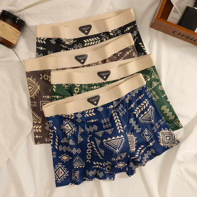 Herenboxer Retro etnische stijl Comfortabele slip van gladde stof Vintage print Elastisch ondergoed voor heren Lingerie Platte onderbroek — image 1