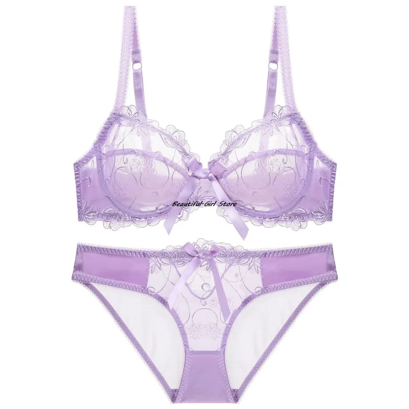 레이스 푸시 업 브래지어 세트 통기성 팬티얇은 메쉬 컵 투명 Behal 란제리 보우 자수 Flora Soutien Gorge