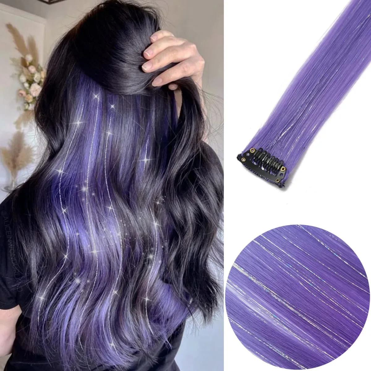 6 Stück/Packung, farbige Party-Highlights, Clip-in-Haarverlängerungen, 22 Zoll, mehrfarbig, glattes Haar, synthetische Haarteile — image 29