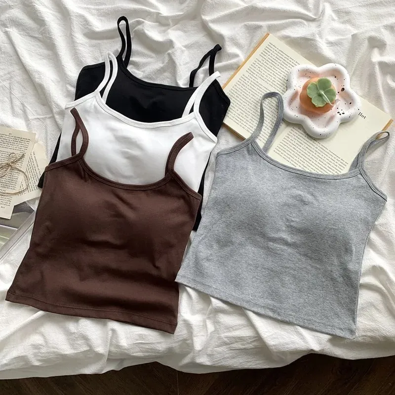ผู้หญิงสีทึบสายรัดแขนกุด Slim Camisole พร้อมแผ่นหน้าอกสบาย Daily TOP Travel ภายในกีฬาผ้าฝ้ายเสื้อกั๊ก — image 3