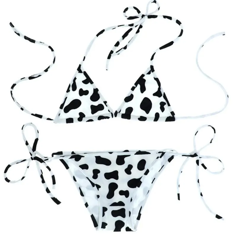 ชุดบิกินี่สตรีสไตล์ญี่ปุ่นน่ารักนมวัว Dotted MINI ชุดบิกินี่ชุดชั้นใน Halter คอ Bras Top กางเกง Panty