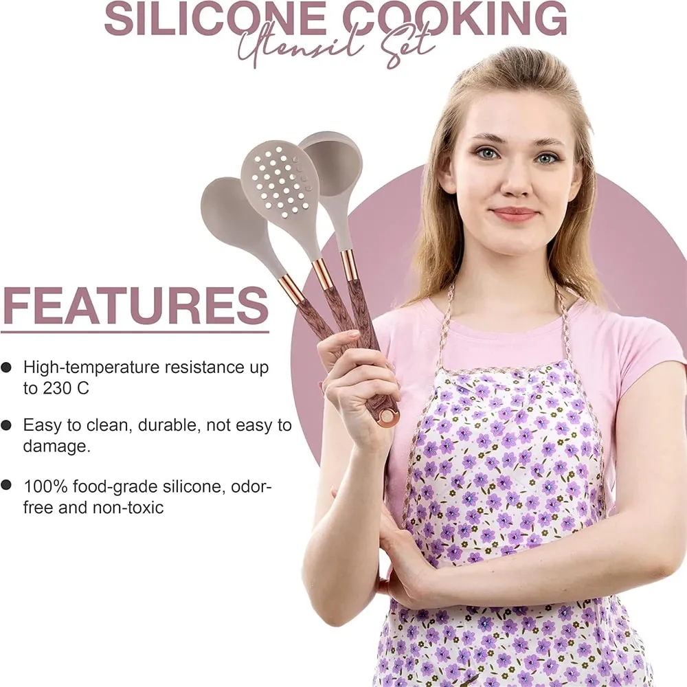 Set Perkakas Dapur Silikon 10 Keping Perkakas Memasak dengan Pemegang Perkakas Pemegang Corak Kayu Alat Memasak Nonstick JT264 — image 6