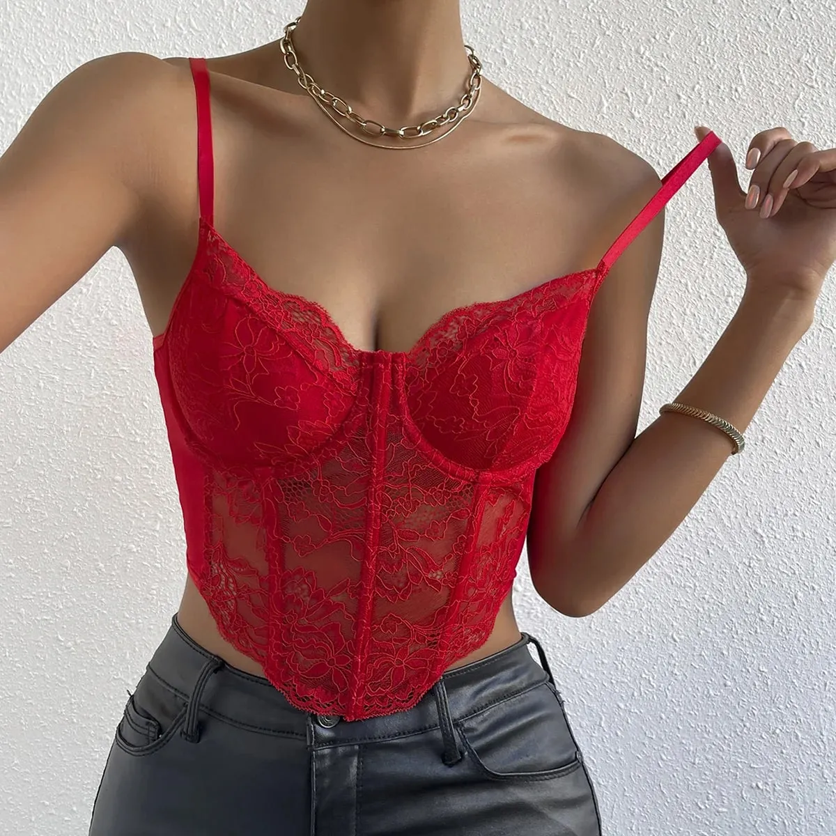 Sexy Lace V-neck Underwire Fishbone Floral Embroidery Backless Crop Tops Sheer Hottie Corset Hollowing Halter Shapewear Camisole — image 6