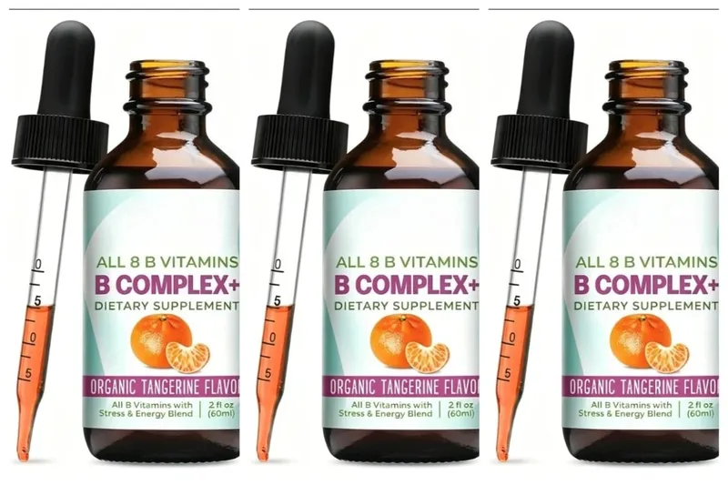 Vitamin-B-Komplex, flüssige Tropfen-Ergänzung, vegan, B1, B2, B3, B5, B6, Biotinfolat und Cholin plus Mischung zur Energieunterstützung, 60 ml
