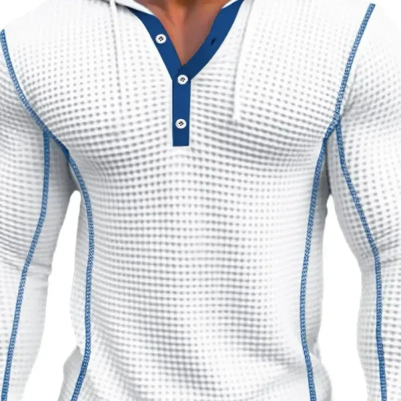 Waffle Katı Kumaş Slim Fit Kapüşonlular Erkekler V Yaka Düğmesi Rahat Tişörtü Hip Hop Sokak Kazak erkek Spor Uzun Kollu Tops — image 4