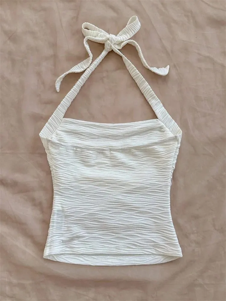 Vlnitý vzor Jednobarevný Halter Crop Top pro ženy Léto Sexy Ruched Pas Bez Zádové Cami Top Tílko Streetwear Y2k Oblečení