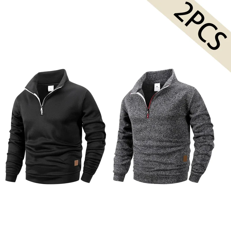 Set 2 Keping Lelaki 1/4 Zip Baju Leher Olok-olok, Pullover Bergaris Bulu dengan Cuff Berusuk Atasan Kasual Hangat untuk Pakaian Harian Musim Gugur Musim Gugur — image 22