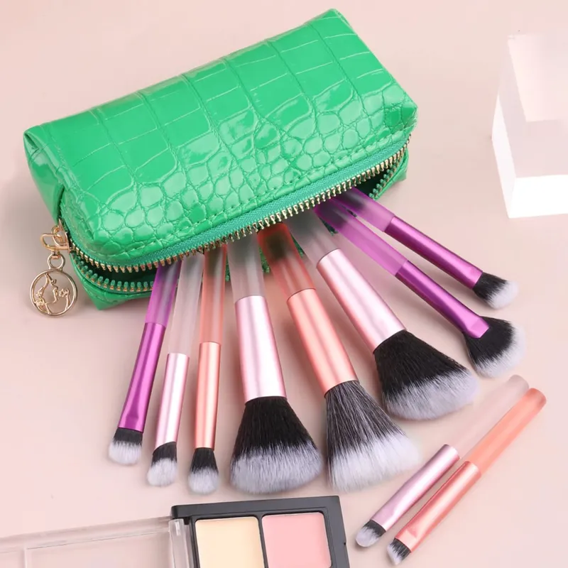 10Pcs Full Face Makeup Brush Kit Crocodile Grain Zipper Bag Powder Contour Shadow Brow Eyelash Cosmetic Brushes — image 9