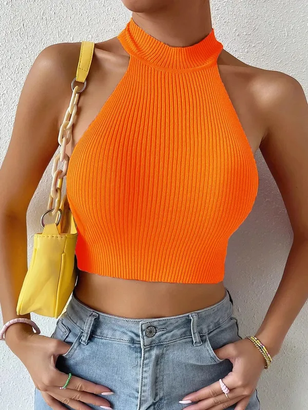 2026 Donne della Molla Nozioni di Base Solido Casual Sexy A Coste Maglia Senza Maniche Corsetto Halter Crossfit Crop Magliette E Camicette Y2k Vestiti Femme Canotta — image 6