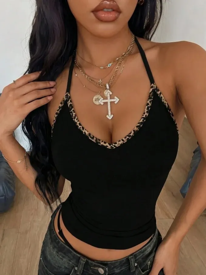 Camisole courte sans manches pour femmes, col en V, imprimé léopard, coupe cintrée, couleur unie, noir, été 2026, Y2K, Streetwear, sortie décontractée — image 3