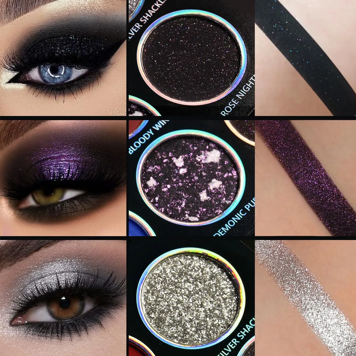 อายแชโดว์ Palette 12 สี Chameleon Metallic Silver Shimmer Black Goth Clown ฮาโลวีนยาวแต่งหน้า Vegan Eye 17g — image 4