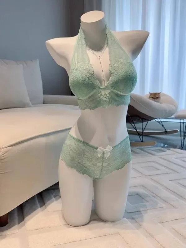 Mintgrünes Neckholder-BH-Set, kabellose Spitze, verstellbare Polster, herzförmiger Rücken für Damen, Unterwäsche und Oberbekleidung — image 8