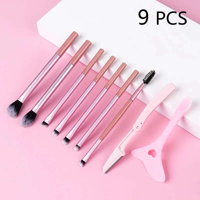 9 STK Makeup Børste Sæt Bløde børster Inkluderer professionelle øjenmakeup børster Øjenbryn Barberblad Silikone Eyeliner Stencils — image 1