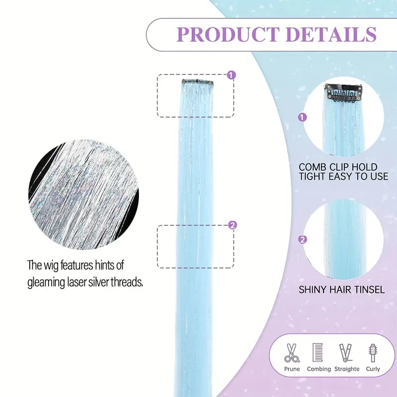 Clip BB nelle estensioni dei capelli sintetici con fili d'argento laser Pezzi di capelli colorati lucenti per l'uso quotidiano delle feste Nessun danno — image 5