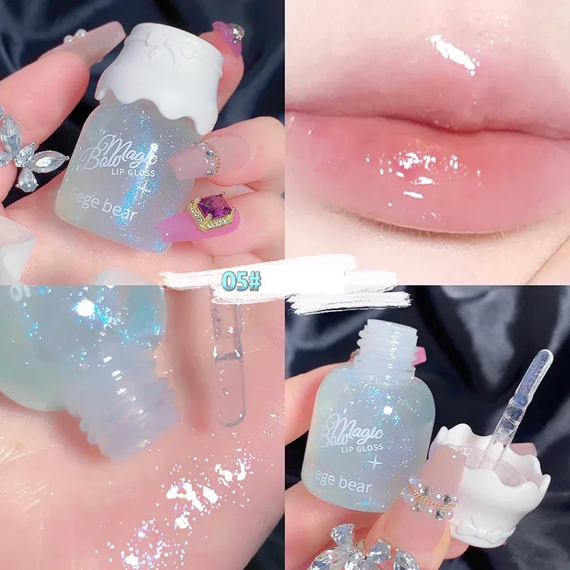 Gege Bear Butterfly Knot Lip Gloss Moisturizing Hydrating Mirror Shine sparkling Non-stick Cup Lipstick Beauty Makeup