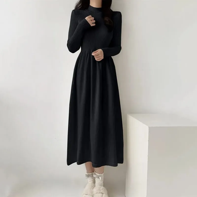 가을 겨울 여성 니트 드레스 모든 경기 단순 솔리드 하프 하이 칼라 롱 드레스 여성 한국어 세련된 하이 웨이스트 a 라인 드레스