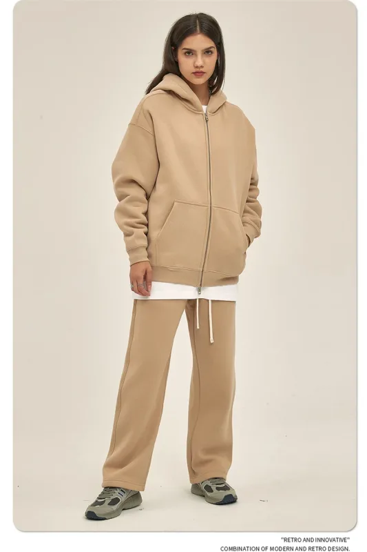 New Men Double Headed Zipper Fleece Hoodies Unisex Loose Basic Solid Warm Hooded Sweatshirts Coats For Winter HY0633