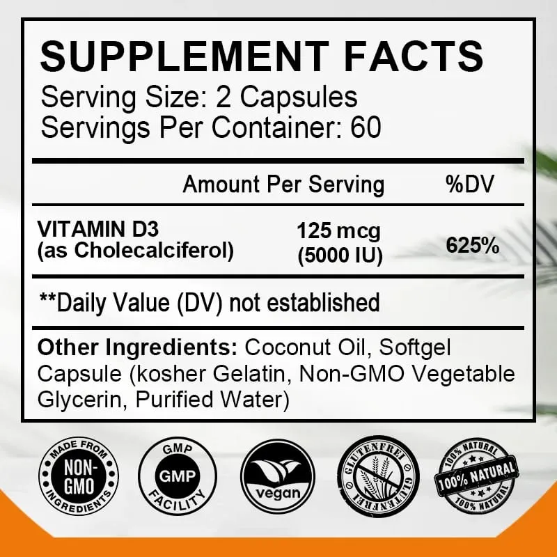 Vitamin D3 5000 IU 125 Mcg Vitamin D3 Capsules Healthy Muscle Function Helps Support Immune Health Strong Bones and Teeth — image 3