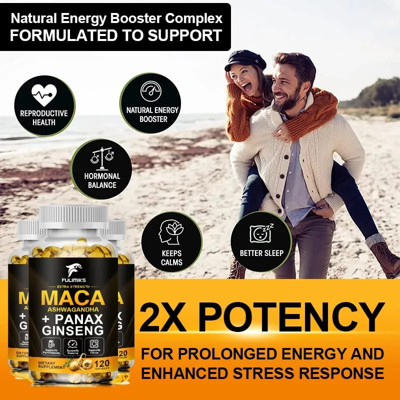 Miscela tripla di maca con integratore di ginseng e ashwagandha che favorisce la salute riproduttiva, l'equilibrio ormonale, i muscoli e il sollievo dallo stress — image 6