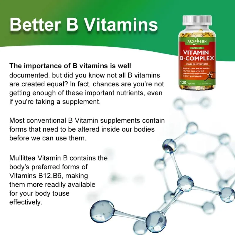 Vitamin B Kompleks Alxfresh dengan Vitamin C - Sokongan Tenaga Kesihatan Imun & Sokongan Sistem Saraf - Kapsul Vegetarian Bukan GMO — image 5