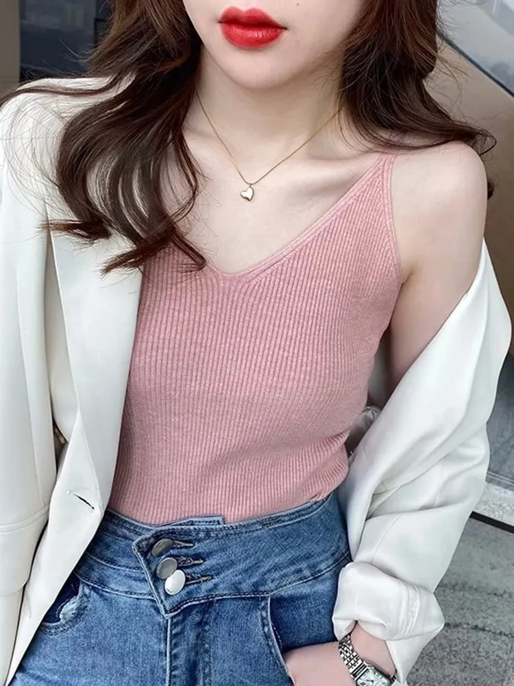 Corée D'été Hauts Nouveau Solide Col En V Élastique Tricoté Bretelles Camis Femmes Réservoirs Vêtements Bases Chemise — image 5