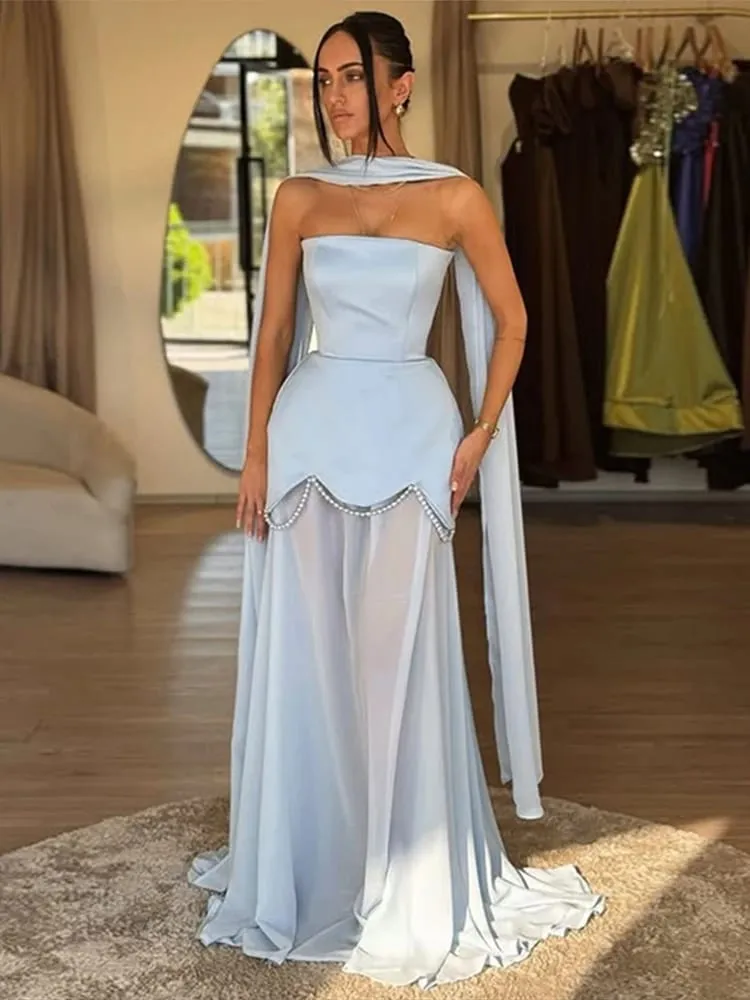 Gaun Malam Hem Bunga Aksen Dasi Warna Solid Rantai Mutiara Berpanel Tanpa Tali Gaun Wanita Elegan 2026 Gaun Wanita Chic Fashion Gaun Wanita — image 5