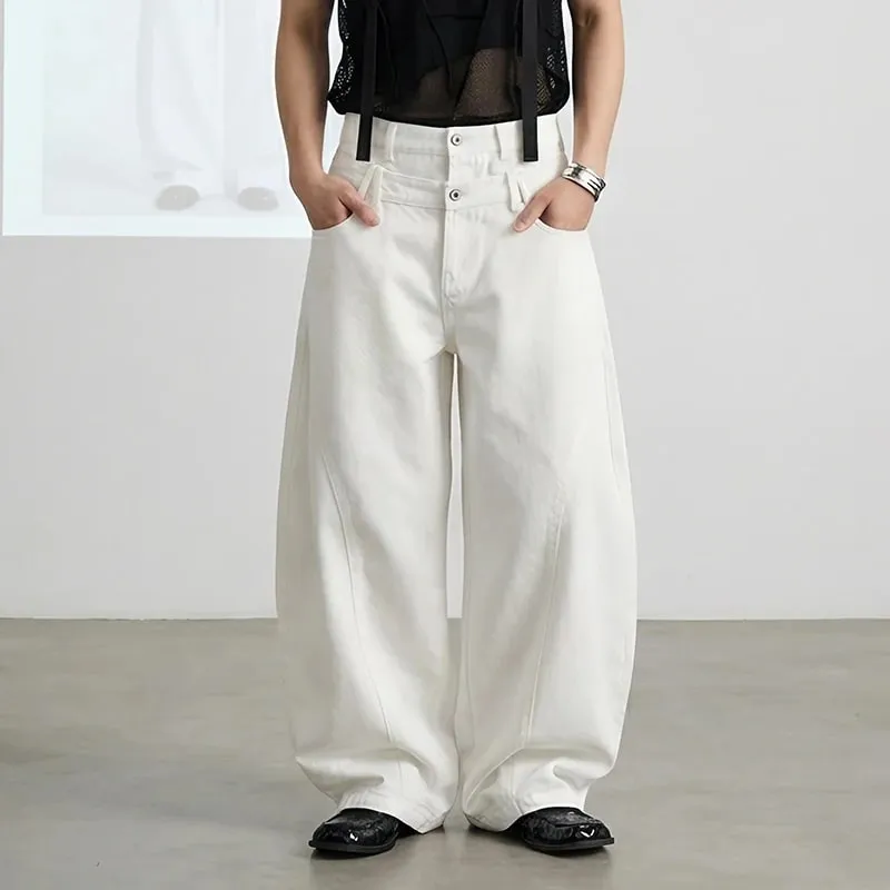 Pantaloni stile americano primaverile con doppia cintura decostruita da uomo con taglio a stivale Jeans bianchi Pantaloni larghi in denim a gamba larga alla moda 9X2187