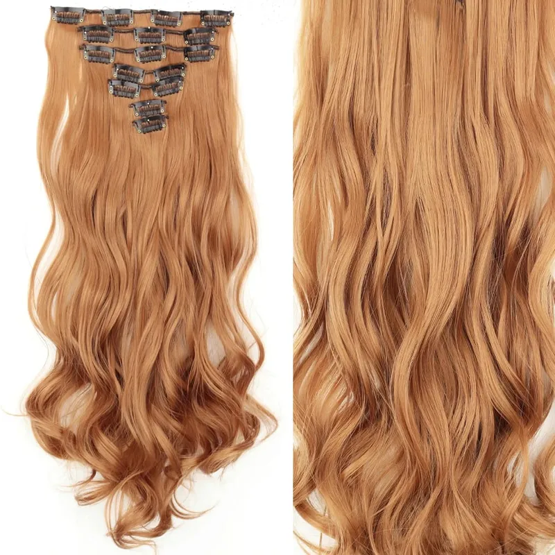 16 Clips 7Pcs/Set Hair Extensions Long Wavy Hairstyle Natural Synthetic Black Blonde Hairpieces Heat Resistant For Women — image 26