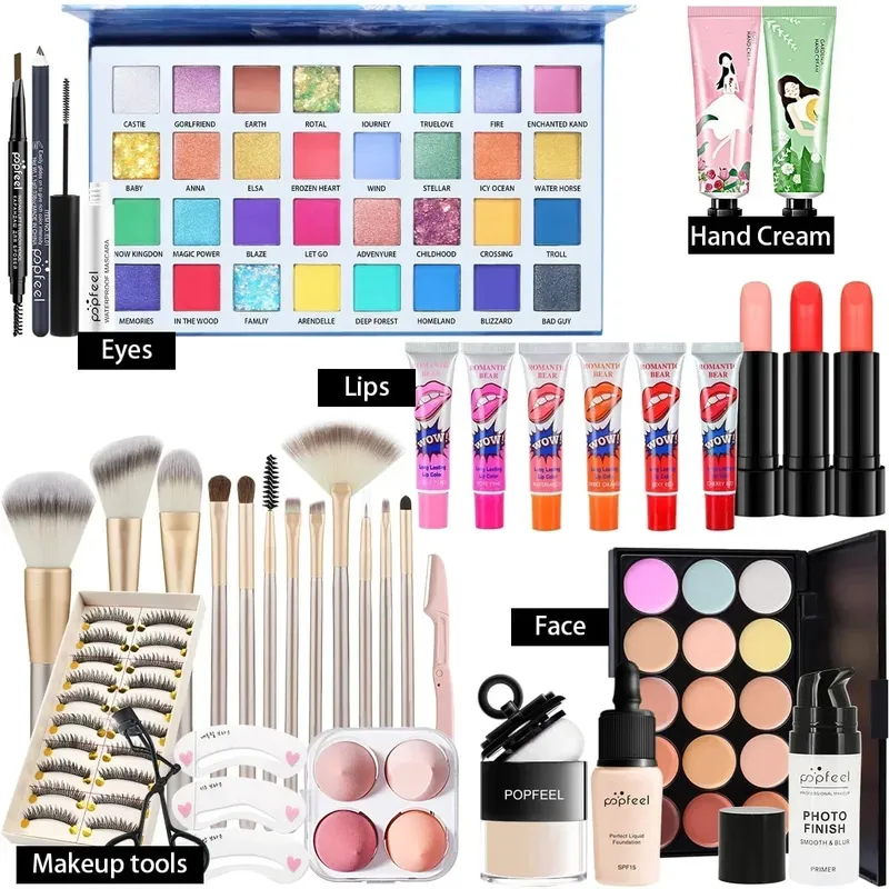 Dárková sada na make-up All-in-One s paletou očních stínů Foundation Lip Gloss štětce na oční linky a další kosmetické dárky