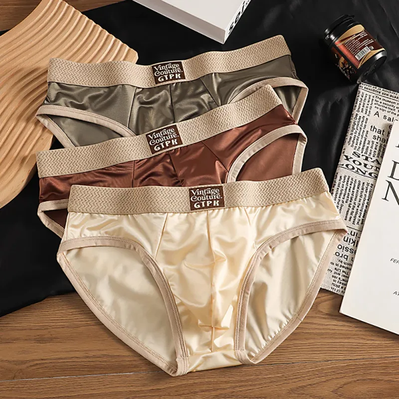3PCS/Pack Luxury Satin-like Sexy Men's Briefs Smooth Cool Ice Silk Quick-dry Panties 3D Mesh Breathable Crotch Man Undrewear