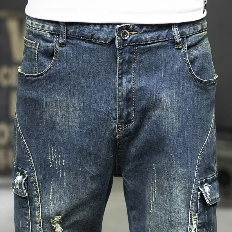 Pantaloncini cargo da uomo in denim al ginocchio, mezzo lungo, bermuda, jeans corti, pantaloni da uomo con tasche, pantaloni blu di lusso, streetwear sottile — image 5