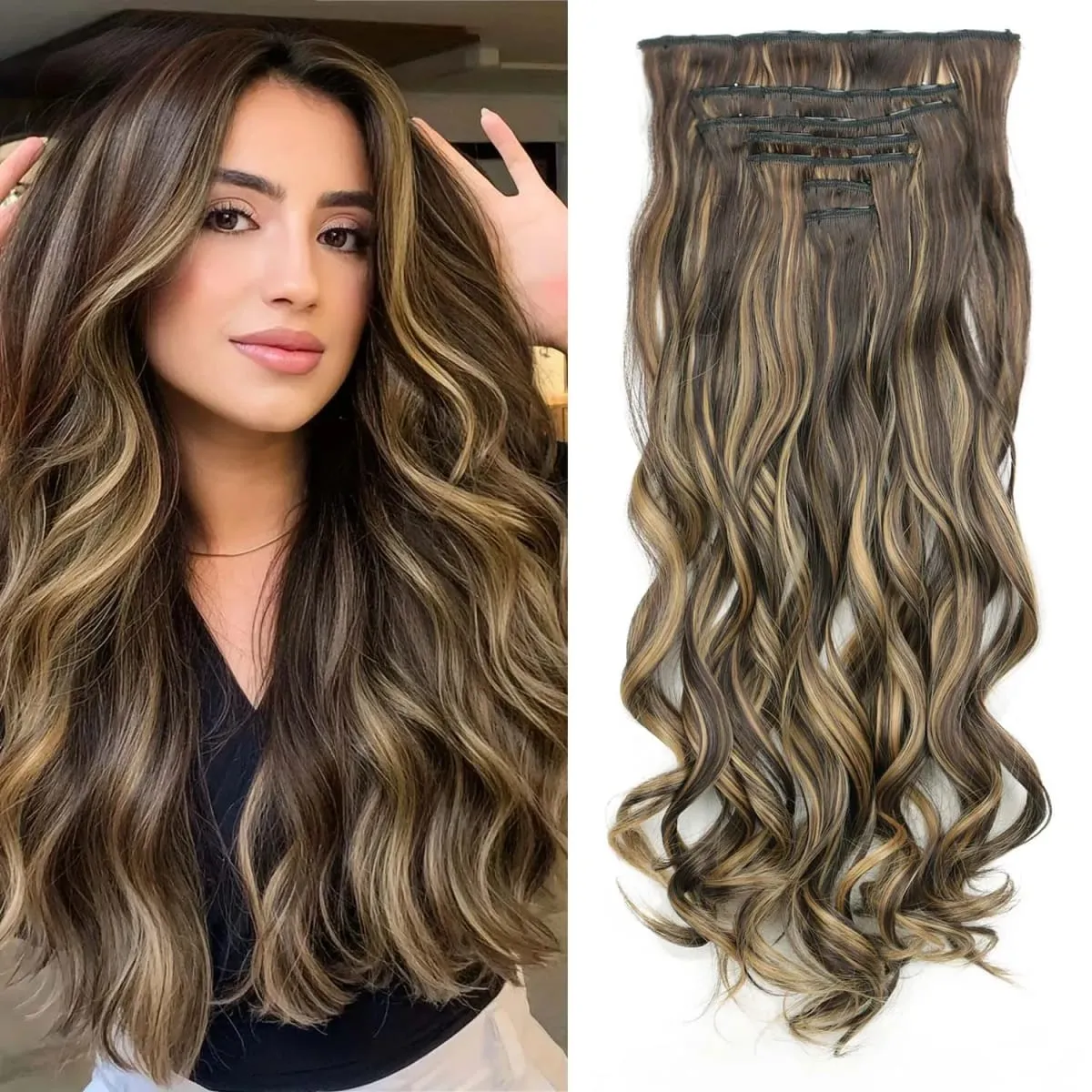 Coiffure longue droite 16 Clips 7 pièces/ensemble Extensions de cheveux postiches synthétiques blondes noires naturelles résistantes à la chaleur pour les femmes — image 18