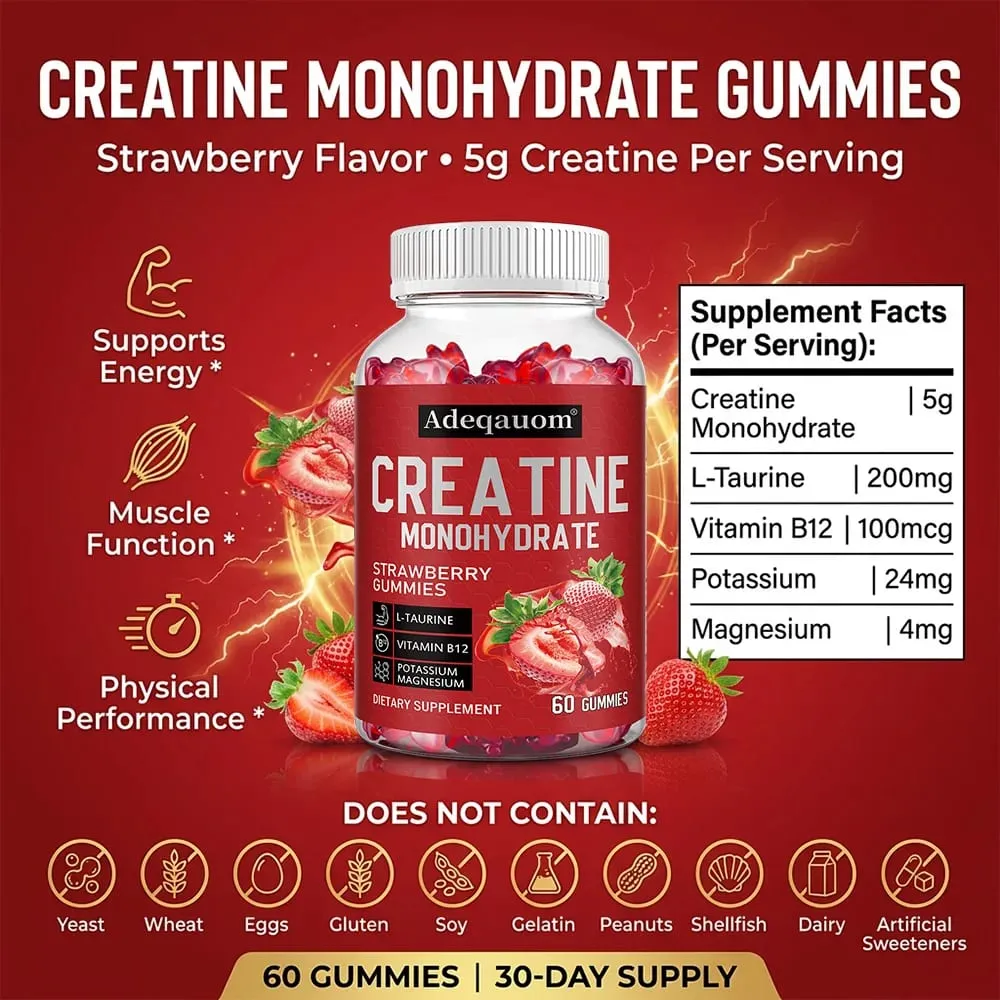 Creatine Monohydrate Gummies 5000mg Υποστήριξη πριν και μετά την προπόνηση για μυϊκή δύναμη και ανάκτηση χτίζοντας μυϊκή μάζα Vegan — image 3