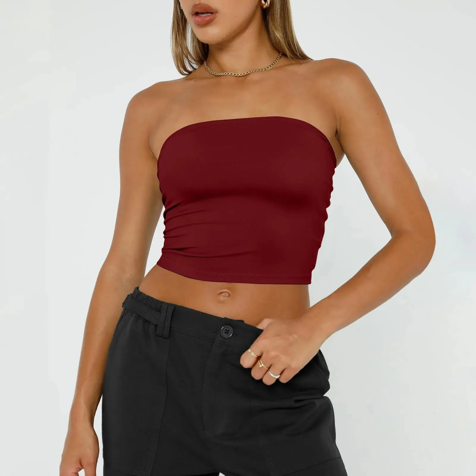 Trägerloses Crop-Top für Damen, Basic, rückenfrei, ärmellos, Bandeau, niedlich, sexy Tops, Trend, Street-Fashion, klassisch, einfarbig, Röhren-Tops — image 15