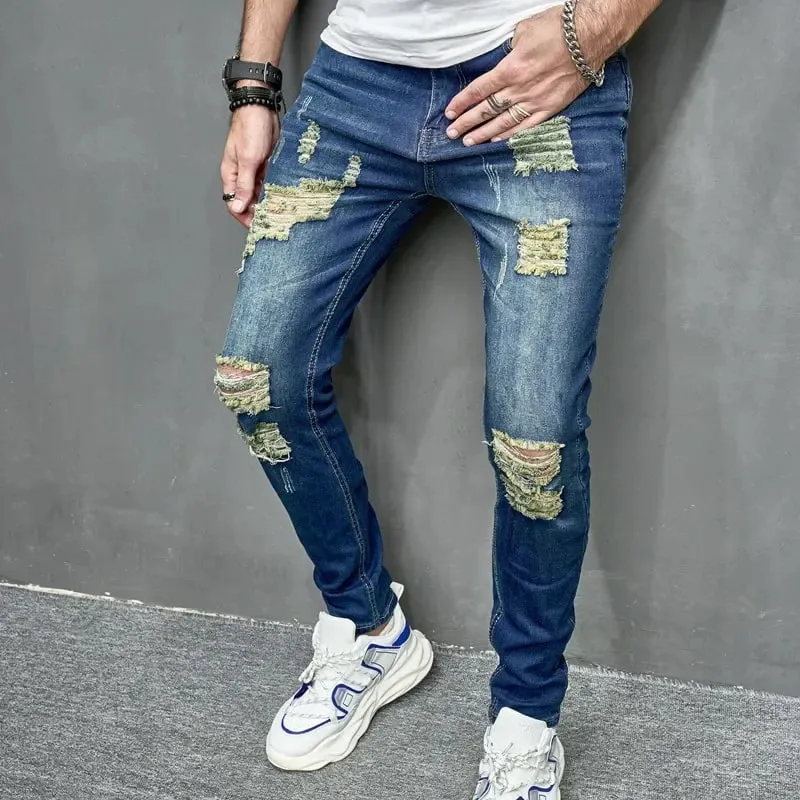 2024 ใหม่สไตล์ผู้ชายส่วนบุคคล Ripped สีทึบกางเกงยีนส์ Skinny ยืดเท้าเล็กๆ Streetwear รถจักรยานยนต์ DENIM กางเกงชาย — image 11