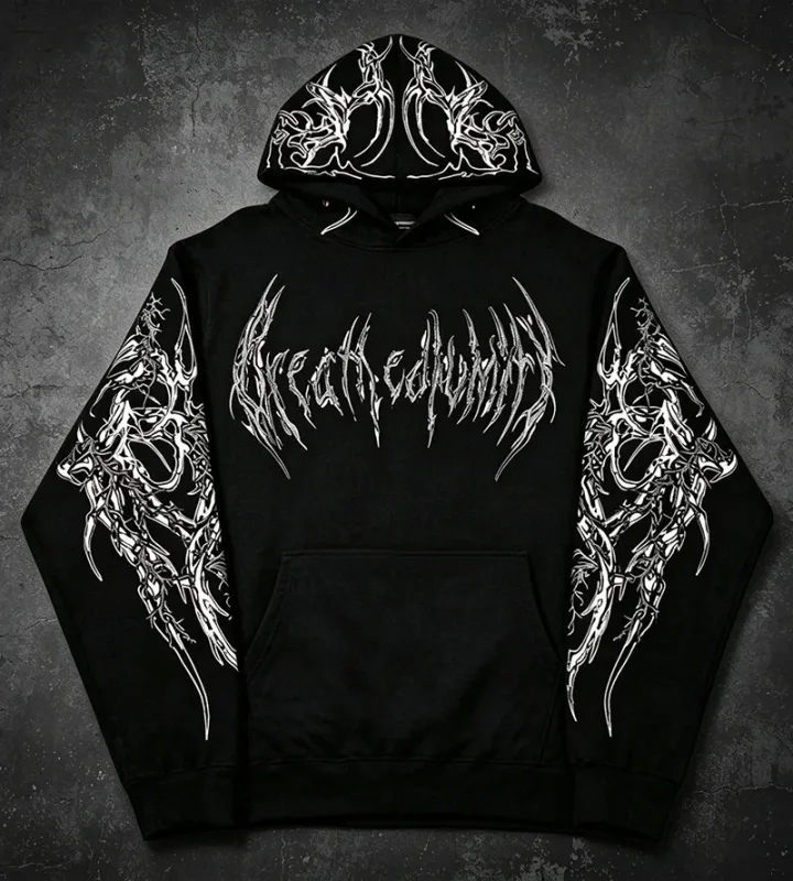 Men Alt Gothic Pullover Hoodie Y2k High Street American Style Dark Thorn Print Fleece Lined Loose Biker Fall Winter Sweatshirt