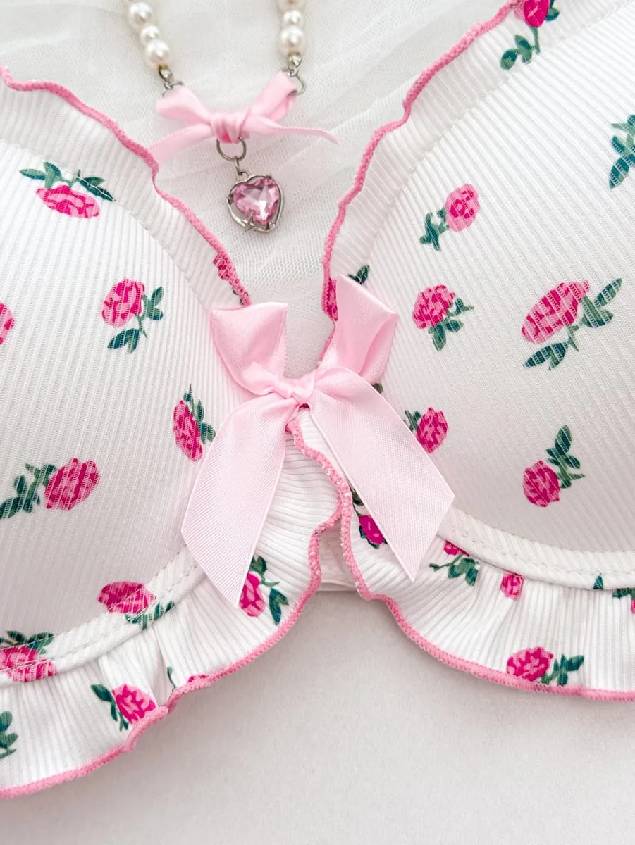 รูปแบบดอกไม้น่ารักชุดชั้นในสตรีชุดสไตล์ Bow Ribbed Bra นุ่มกางเกงสุภาพสตรี Ruffled Trim A B C D ถ้วยผู้หญิง Bra — image 5