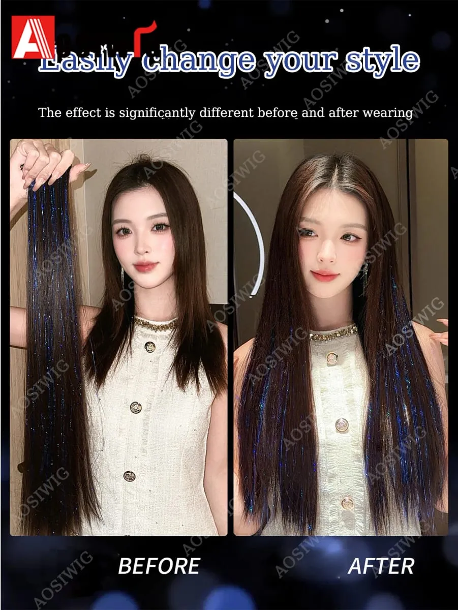 Blaue Glitzer-Lametta-Clip-in-Haarverlängerungen, einteiliges, glattes synthetisches Haarteil mit glitzernden Strähnen für Frauen, Partys und den Alltag — image 5