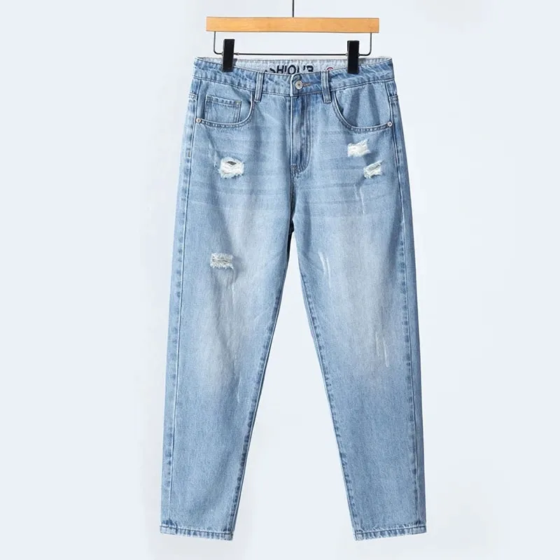 Seluar Jeans Koyak Nipis Musim Panas Lelaki Lurus Bernafas Denim Seluar Kasual Pakaian Jalanan Harlen Seluar Panjang Buku lali Biru Muda