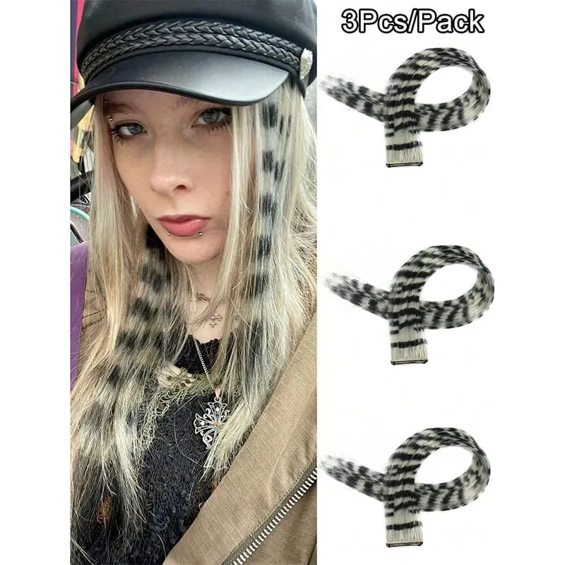 3 pezzi estensioni dei capelli con stampa leopardata striscia sintetica pezzo di capelli stampato clip lunga e dritta colorata nei capelli per le donne ragazze festa — image 12