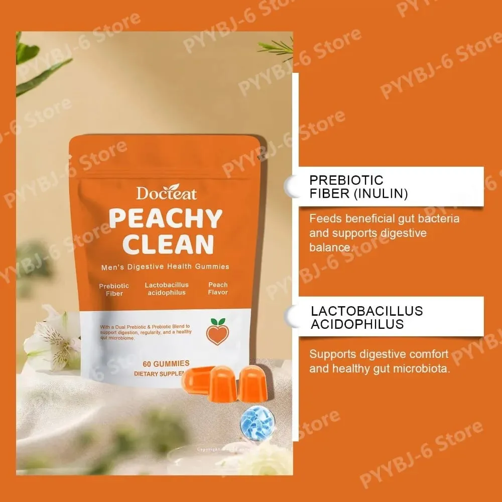 Docteat Peachy Clean Men's Digestive Health Gummies Prebiotic & Probiotic Blend Peach Flavor 60 Gummies Dietary Supplement — image 6