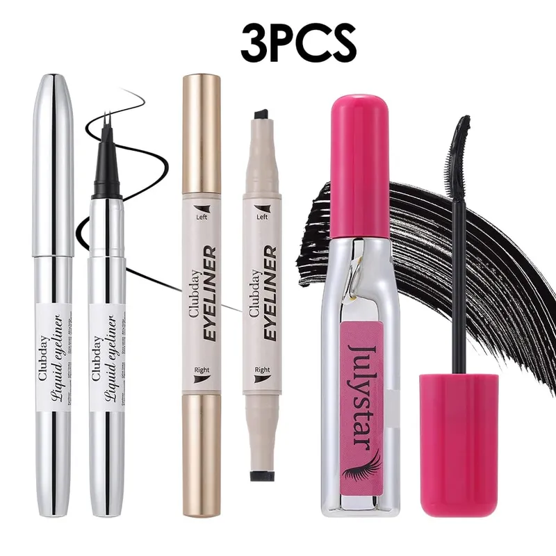 Kit pour les yeux 3 pièces longue tenue, eye-liner à double extrémité pour sourcils, tampon à ailes, eye-liner, mascara volumateur, créez des looks époustouflants