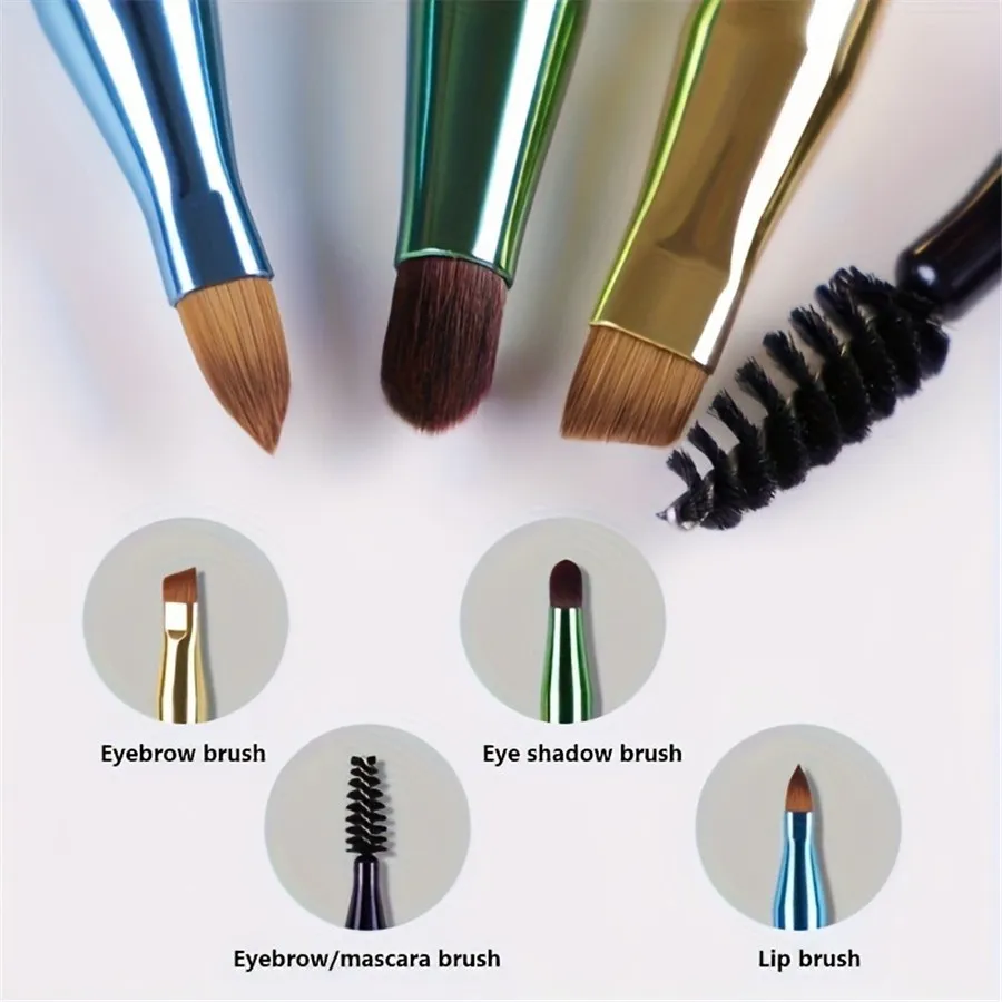 ชุดแปรงแต่งหน้าแบบพกพา 4-in-1 โลหะ Handle Eyebrow & Lip Brushes พร้อมขนตาและอายแชโดว์ Applicators Travel-Friendly