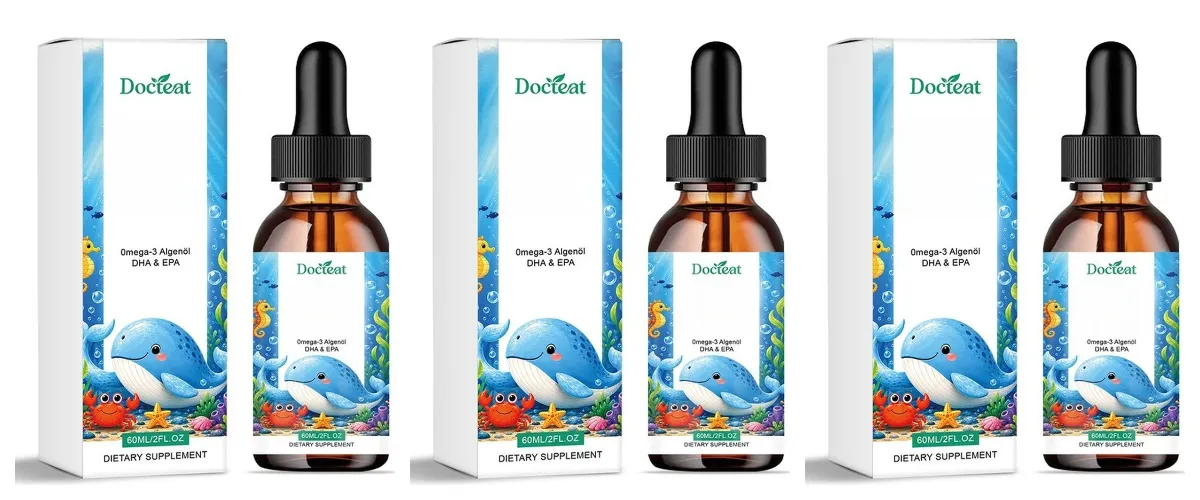 Docteat Rostlinný olej z omega-3 řas DHA EPA tekuté kapky Dětské zdraví mozku Vegan Denní výživa bez GMO Pomeranč 60 porcí