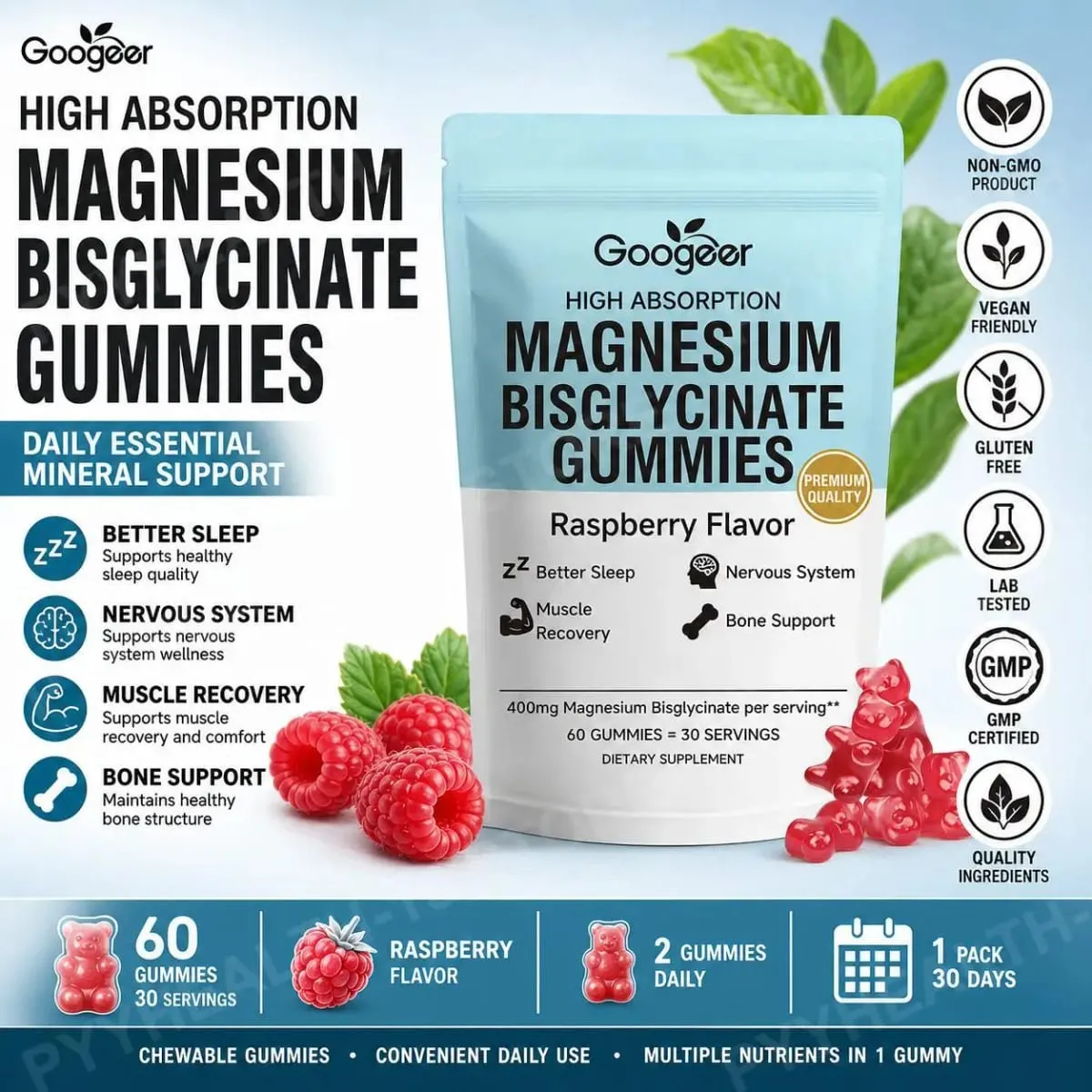 Caramelle gommose al bisglicinato di magnesio per il sonno dei muscoli ossei, il benessere del sistema nervoso con vitamina D3 e zinco 60 caramelle gommose — image 1