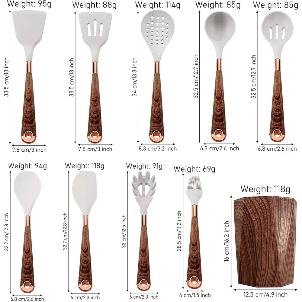 Set Perkakas Dapur Silikon 10 Keping Perkakas Memasak dengan Pemegang Perkakas Pemegang Corak Kayu Alat Memasak Nonstick JT264 — image 4
