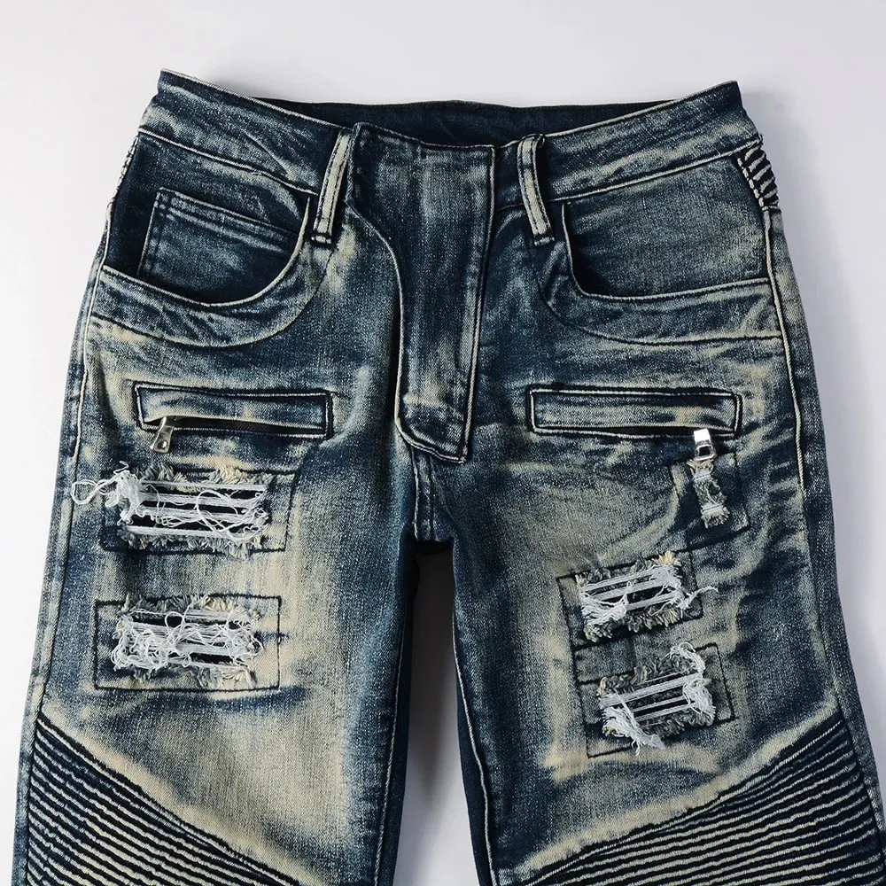 Herren-Biker-Jeans für Motorräder, Löcher, Risse, Distressed-Patch-Hose, Stretch-Denim, Baumwolle, schmale, gerade Hose, hohe Qualität — image 3