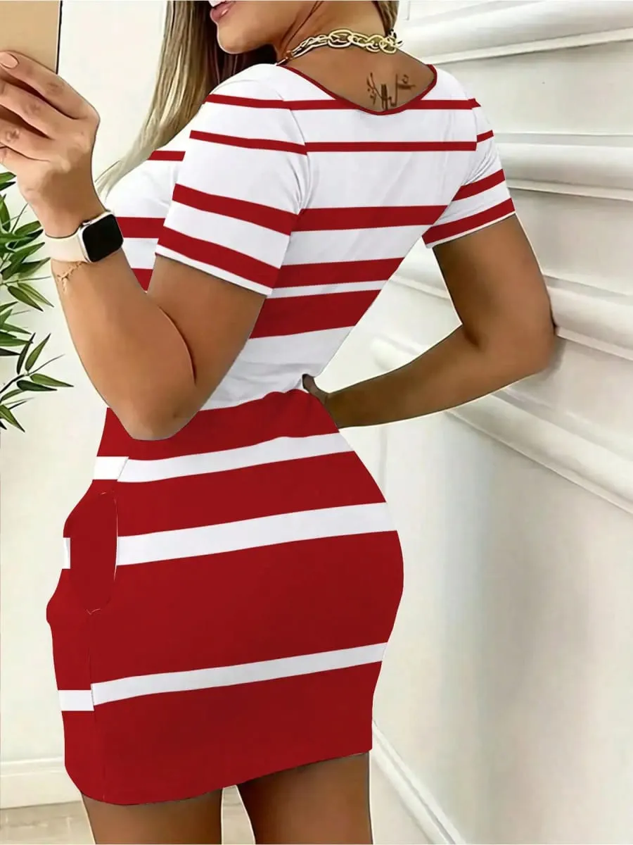 تنورة أنيقة كاجوال برقبة دائرية بلون موحد وجيب مخطط وبأكمام قصيرة وتنورة طويلة مريحة — image 2