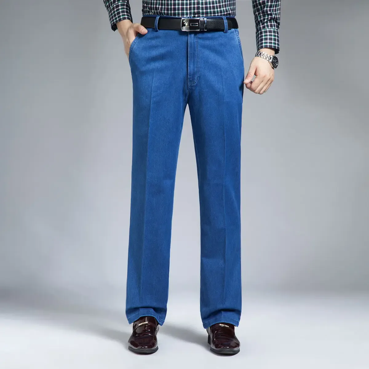 Primavera e verão jeans de meia-idade high-end elástico solto de cintura alta jeans masculino pai calças jeans de negócios — image 3
