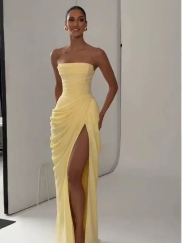 Yellow Strapless Pleated Women Split Maxi Dress Elegant Sleeveless Waist Cinching Slim Fit Dresses 2026 Lady Daily Party Gowns